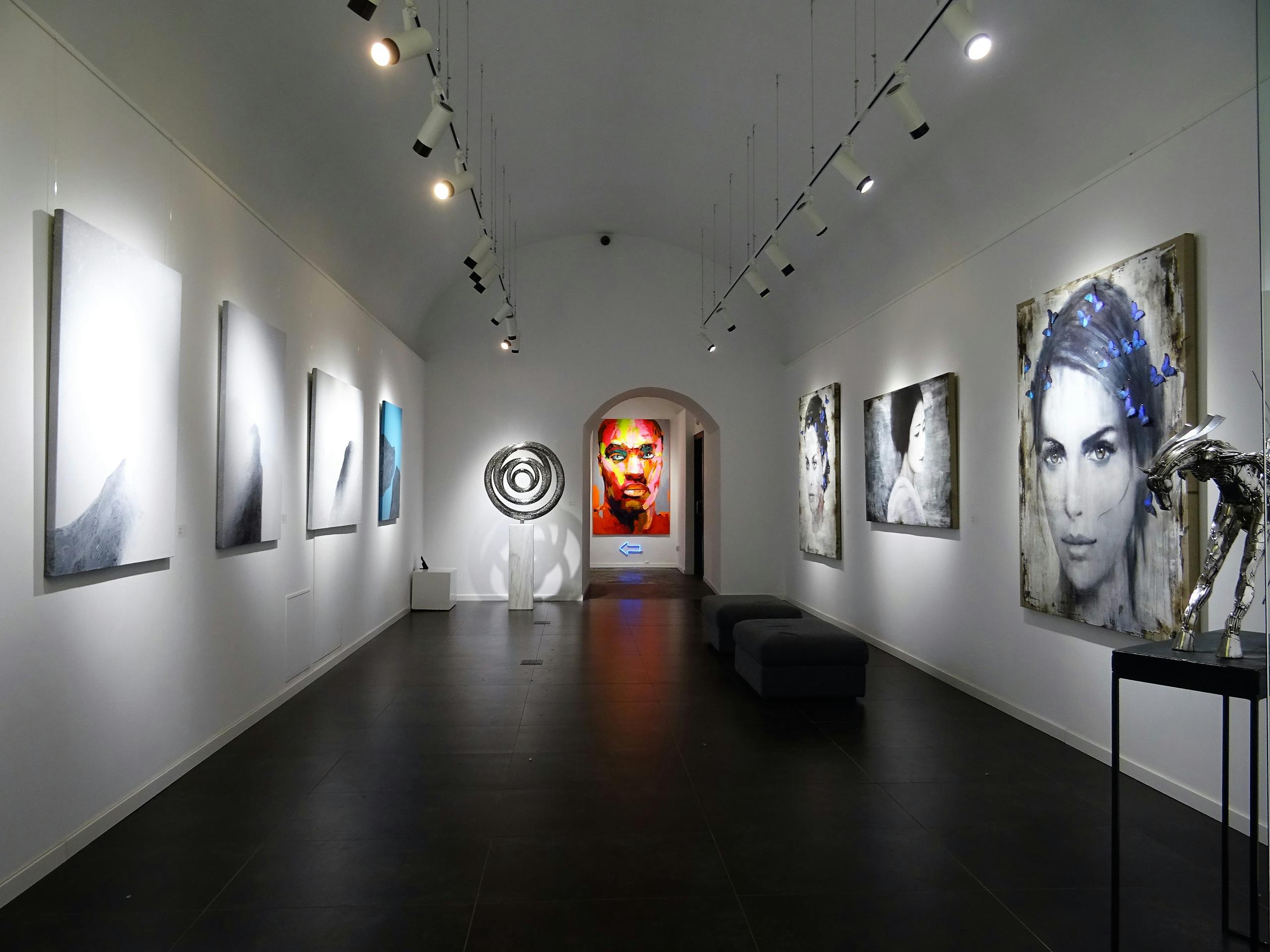 Sleek and modern art gallery with various contemporary paintings on display.